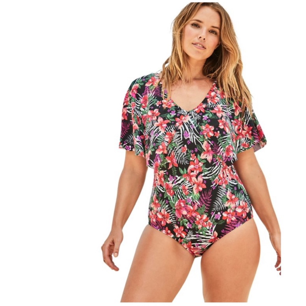 Womens one piece floral flutter sleeve swimsuit tummy control Plus sz 20/22